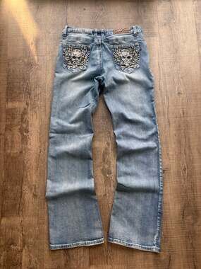 Platinum Plush Rhinestone Skull and Bone Design Boot Cut Denim Jeans Size 9